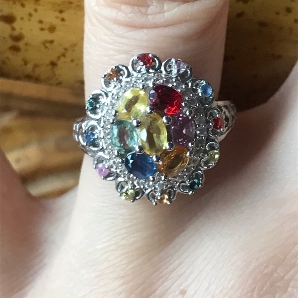 Natural Multicolor Sapphire Sterling Silver Cocktail Ring - Picture 1 of 8
